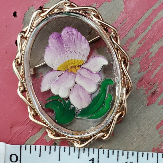 Vintage Reverse Painted Flower Brooch - image 1