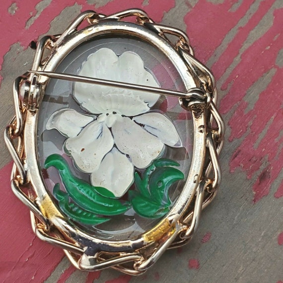 Vintage Reverse Painted Flower Brooch - image 3