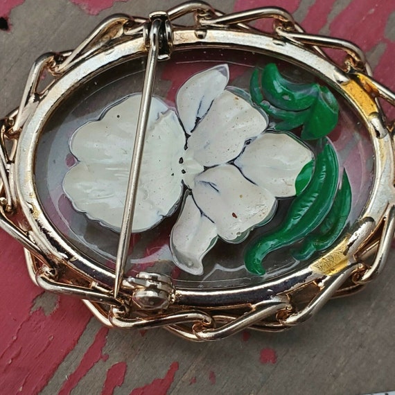 Vintage Reverse Painted Flower Brooch - image 4