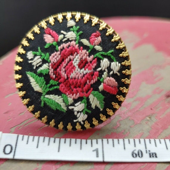 Vintage Embroidered Rose Brooch Gem