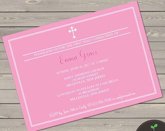 Pink 1st Communion Invitation - Printed First Holy Communion Invite - Girl 1st Communion Invitation - First Communion Invitation - Baptism