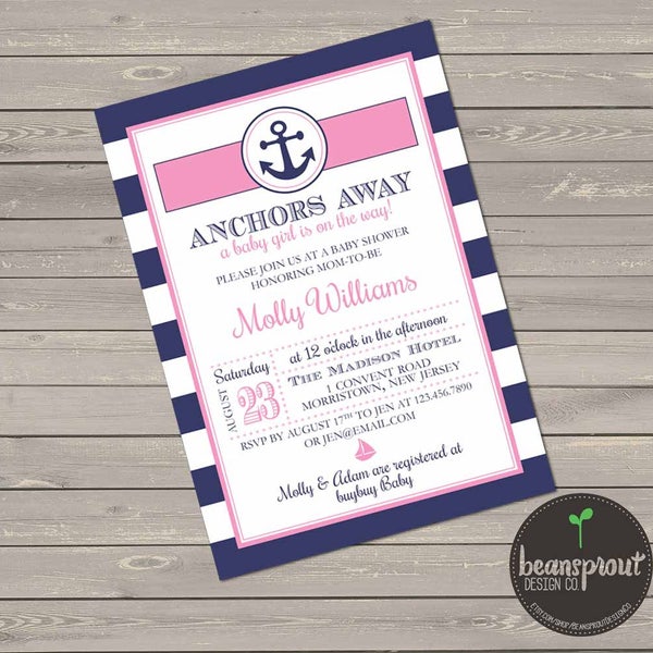 Anchors Away Baby Shower - Nautical Girl Baby Shower Invitation  - Navy Blue and Pink Baby Shower  - Girl Baby Shower - Nautical Invite