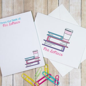 Personalized Teacher Stationery - Teacher Gift - Teacher Notepad and Notecards - Coffee and Books - Custom Stationery - Teacher Appreciation