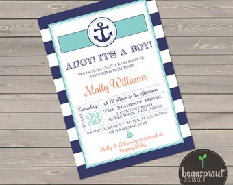 Nautical Baby Shower Invitation - Ahoy It's a Boy - Boy Baby Shower Invitation - Blue Stripe - Navy Blue Baby Shower - Anchor  - Boy Invite