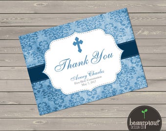 Communion Thank You Note - Baptism Thank You - Folded Thank You Note - 1st Holy Communion Thank You Note - Blue Communion - Boy Christening