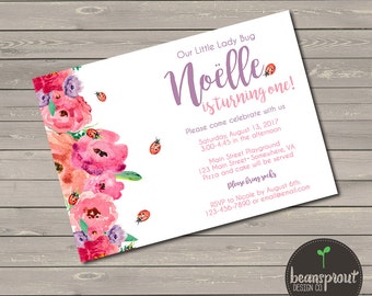Floral Lady Bug Printed Invitation-Girl Birthday Invitation-Party Invitation-First Birthday Invitation-Garden Theme Party Invitation