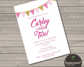 Pink and Gold Printed Birthday Invitation - Children's Birthday Invitation - Party Invitation - Birthday Party - 2nd Birthday Invitation