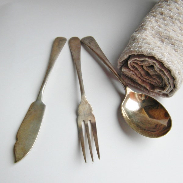 Vintage cuttlery - set of 3, silver plated spoon, fork and knife, silver plated cuttlery, made in England, rustic kitchen