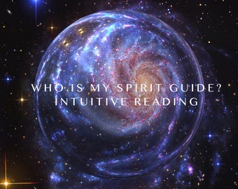 May include: A galaxy-themed image with a swirling nebula in the center. The text "WHO IS MY SPIRIT GUIDE? INTUITIVE READING" is superimposed on the image.