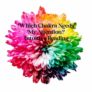 Op de afbeelding: Een kleurrijke bloem met bloemblaadjes in tinten rood, oranje, geel, groen, blauw en paars. De tekst "Which Chakra Needs My Attention? Intuitive Reading" is over de bloem gelegd.