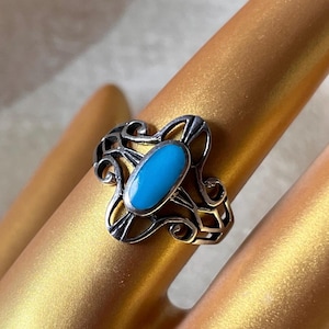 vintage Sterling Silver turquoise inlay ring blue birth stone minimal statement formal filigree art nouveau style gift wedding bride bridal