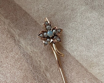 antique 14k gold etched maple leaf seed pearl opal stick pin brooch stone Art Deco nouveau flapper witch formal gift something old bride