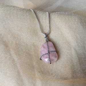 vintage rose quartz crystal pink stone wire wrapped pendant sterling silver 925 plate long chain love charm pendant magic witch costume
