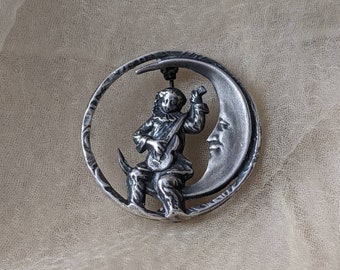 vintage sterling silver Pierrot clown guitar crescent moon pin brooch celestial art deco nouveau costume gothic flapper witch formal gift