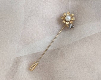 antique faux pearl rhinestone flower gold stick pin men's groom bridal mother father groomsmen floral dainty brooch  wedding minimal gift