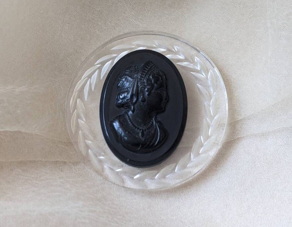 vintage carved clear Lucite black cameo brooch pi… - image 2