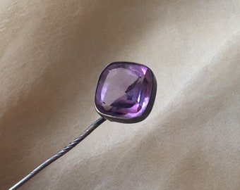 Antique Art Nouveau purple violet amethyst glass silver gem motif stick pin brooch minimalist witch deco bride bridal wedding flapper gothic