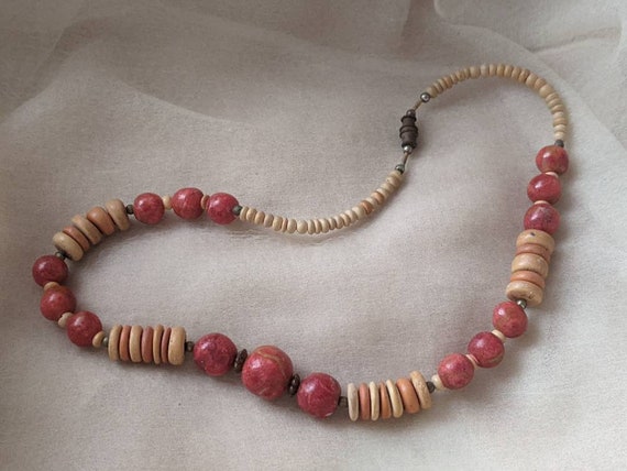 vintage mid-century red coral wood mix bead neckl… - image 3