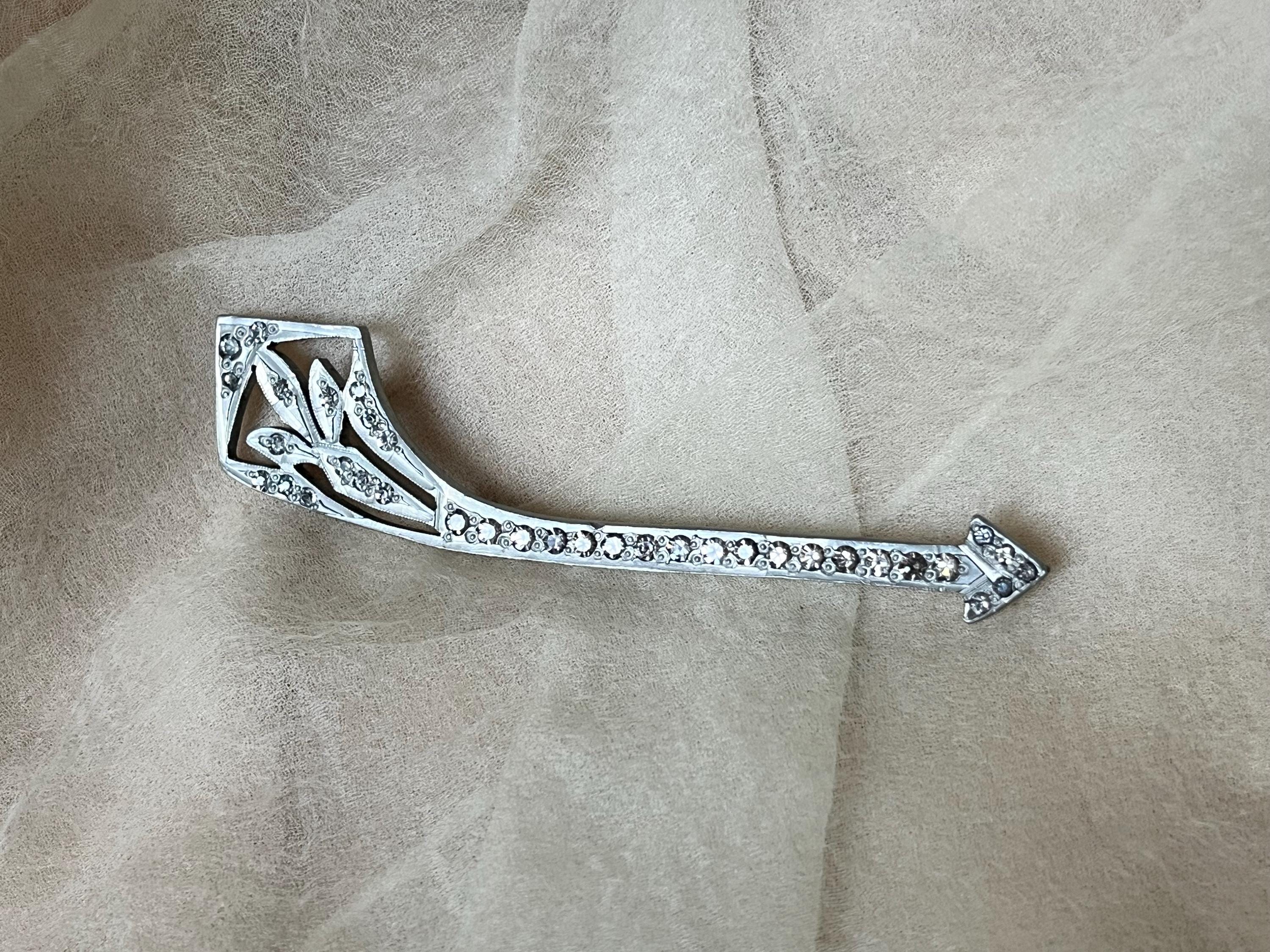 Broche Revers Vintage Art Déco Argent Massif Strass - Années 1920 - Longueur 7cm