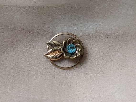 vintage aqua blue rhinestone gold flower circle b… - image 2