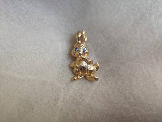 vintage gold plate rabbit bunny pin brooch blue r… - image 1