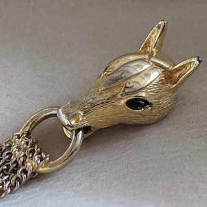 vintage Castlecliff gold plate stallion head brooch pin fantasy horse green rhinestone eyes ring chains jewelry figural costume gift anima