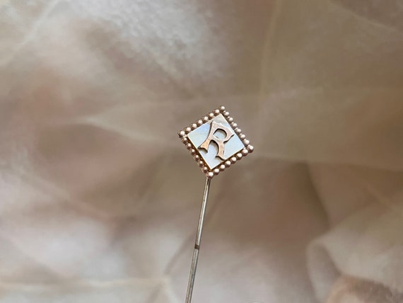 antique monogram "R" stick pin mother of pearl sq… - image 2