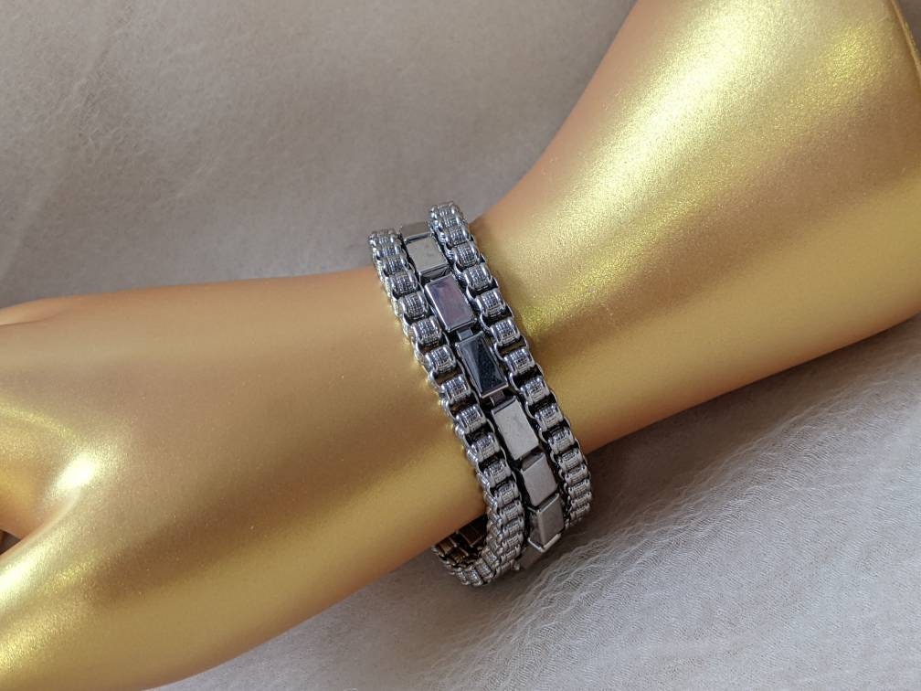 Vintage Three Chunky Silver Box Chain Triple Strand Bracelet