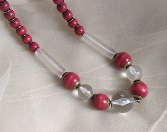 vintage mid-century acrylic clear lucite red wooden wood bead necklace chunky holiday fairy casual Valentine hippie gift statement boho mod