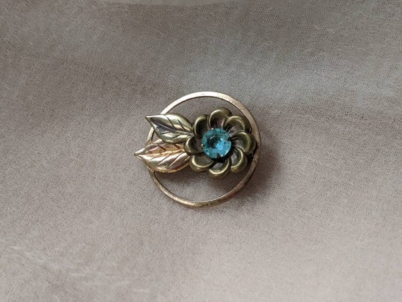 vintage aqua blue rhinestone gold flower circle b… - image 1