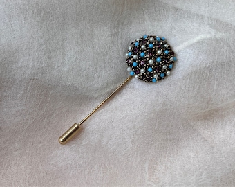 vintage gold faux seed pearls turquoise violet rhinestones stick pin brooch easter wedding bridal bride mother bridesmaid Victorian revival