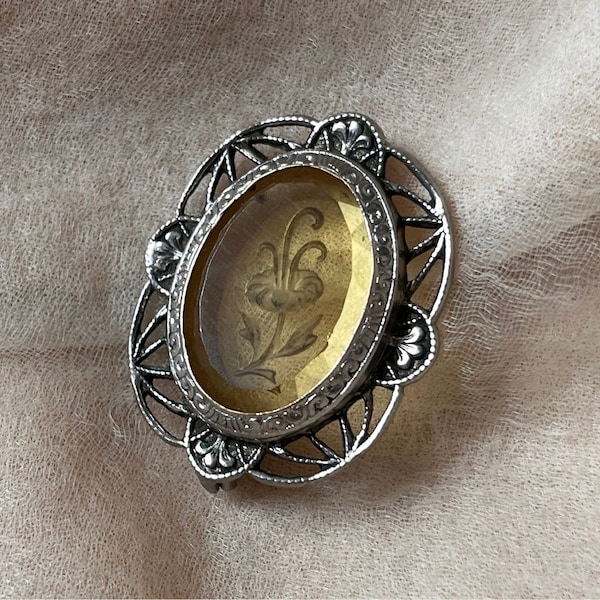 antique vintage yellow citrine reverse carved glass intaglio brooch morning glory flower floral gift something old bride bridal wedding