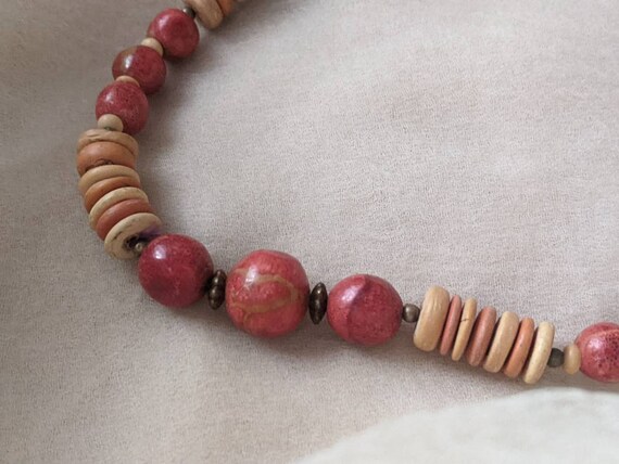 vintage mid-century red coral wood mix bead neckl… - image 5