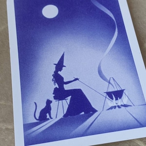 vintage blu strega luna calderone gatto sagoma familiare scambio singolo carta da gioco retrò decorazione minimal kitsch artigianato scrapbooking altare