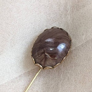 vintage brown jasper stone cabochon stick pin brooch minimalist witch witchy semi precious wedding something old groom mother father gift