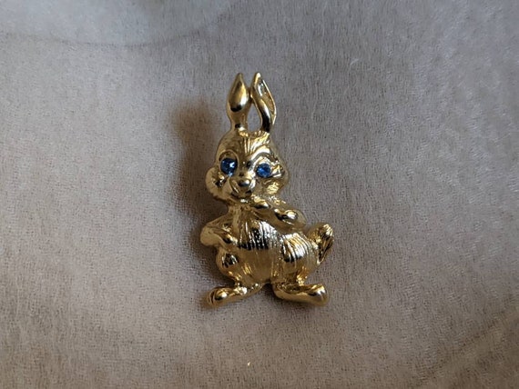 vintage gold plate rabbit bunny pin brooch blue r… - image 6