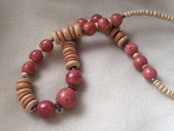 vintage mid-century red coral wood mix bead neckl… - image 4