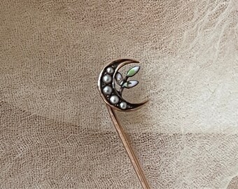 antique 14k gold crescent moon seed pearl enamel stick pin dainty brooch Victorian Edwardian Art Deco witchy formal gift something old bride
