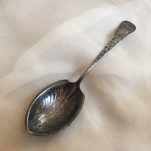 Antique sterling silver Gorham Jac Rose pattern sugar spoon monogrammed L engraved patina collectible silverware kitchen witch spell ritual