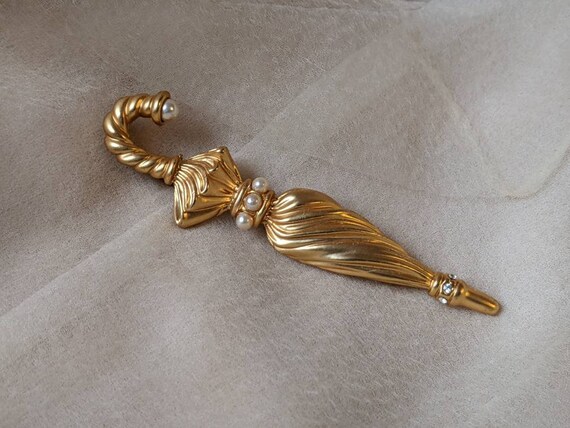 vintage faux pearl gold parasol umbrella brooch p… - image 4