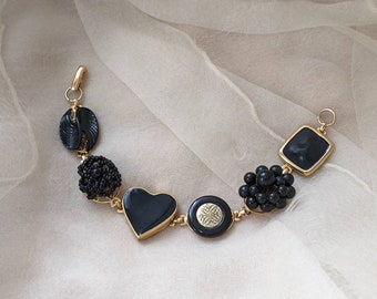 vintage black button bead gold heart bracelet elegant casual formal statement boho hippie goth gothic valentine mourning Victorian revival