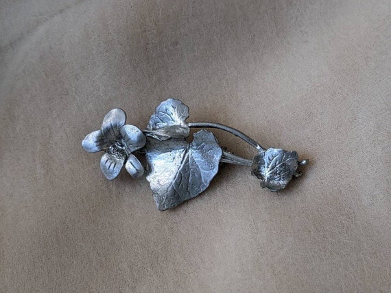 vintage pewter tone realistic floral iris orchid … - image 3