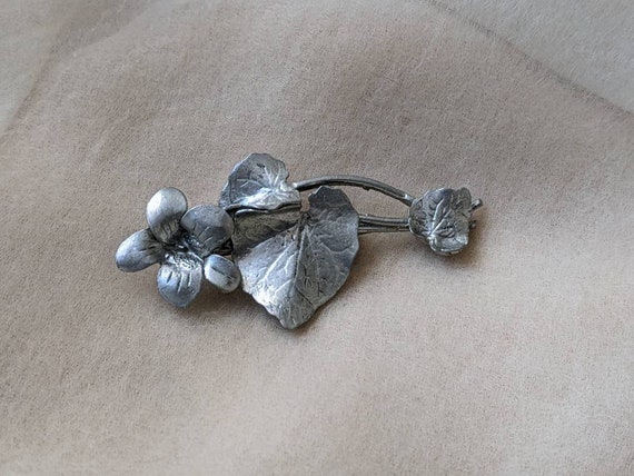 vintage pewter tone realistic floral iris orchid … - image 2