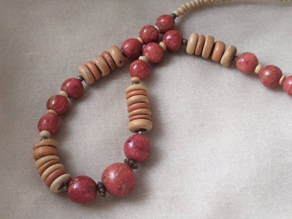 vintage mid-century red coral wood mix bead neckl… - image 1