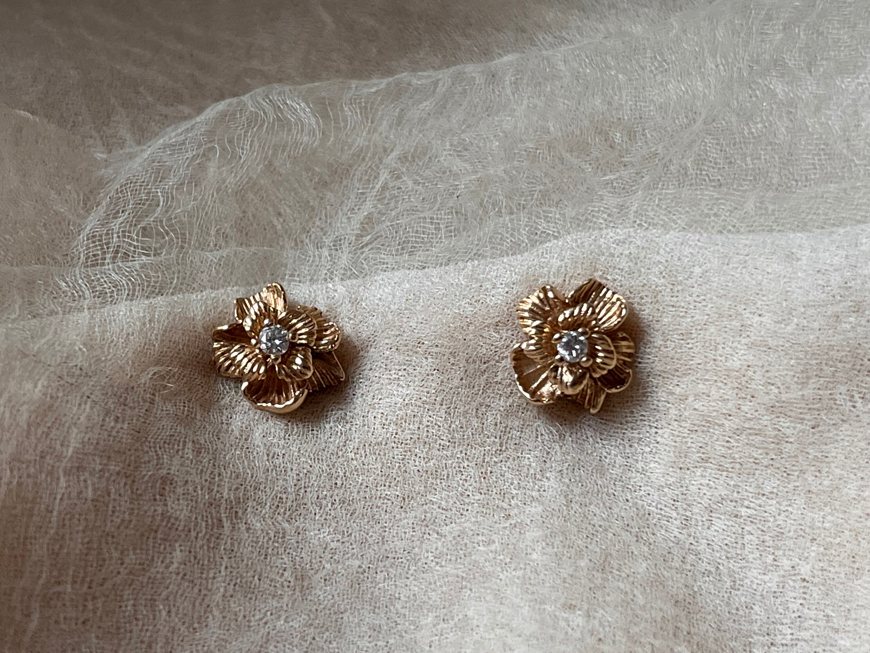 vintage 14k yellow gold genuine diamond rose stud earrings dainty minimal gift Mother’s Day something old minimalist wedding bride bridal
