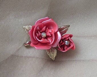 vintage cellulose pink rose blossom enamel floral flower pin brooch AB rhinestone wedding bride bridal mother gift hippie neon retro boho