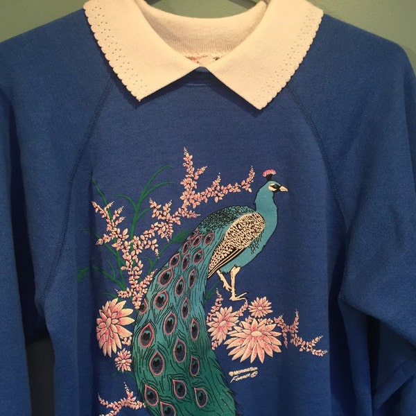 80s Deluxe Peacock blue glitter flower sweatshirt or jumper size L