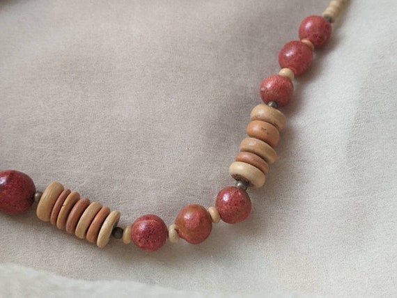 vintage mid-century red coral wood mix bead neckl… - image 7