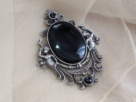 antique Renaissance revival sterling silver onyx … - image 1