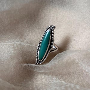 vintage Sterling Silver turquoise inlay ring blue green long stone statement formal western style gift wedding bride bridal size 6